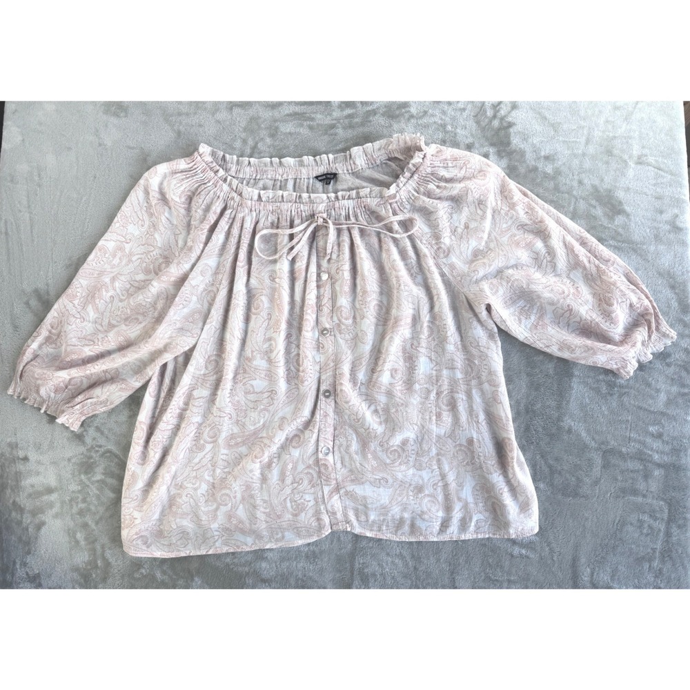 Boho Peasant Blouse Womens 3X Pink Paisley Cottagecore Balloon Sleeve Top